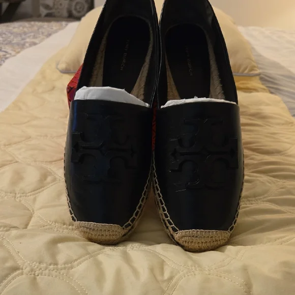 Tory Burch Black Ines Leather Platform Espadrille Slip-On Flats with Logo - Picture 1 of 8